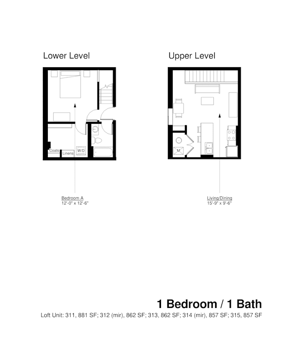 A floor plan for a 1 Bedroom / 1 Bath apartment.