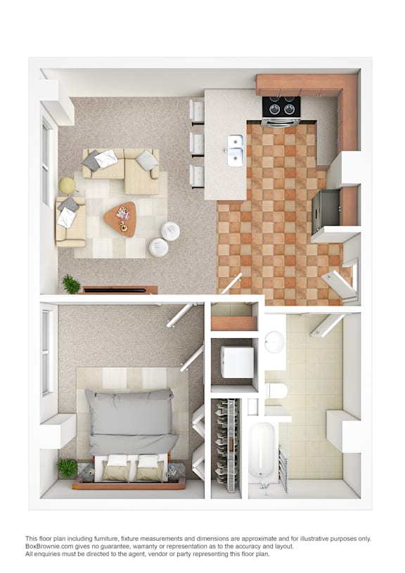 A floor plan of a small apartment with a living room, kitchen, and bathroom.