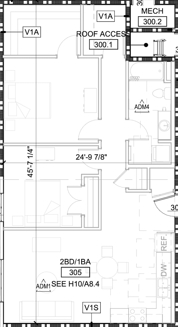 A drawing of a floor plan with a room measuring 24-9/78" by 45-7/14".