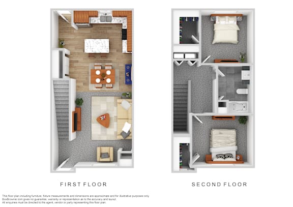 A floor plan of a two-story apartment with labeled first and second floors.