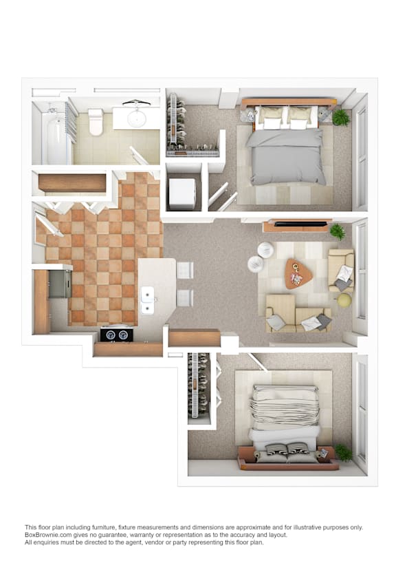 A floor plan of a house with a kitchen, living room, bedrooms and bathrooms.