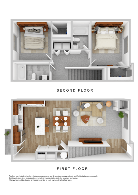 A floor plan of a two-story apartment with a living room, kitchen, and bedrooms.