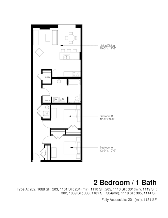 Floor Plan  A floor plan for a 2 bedroom apartment with 1 bath.