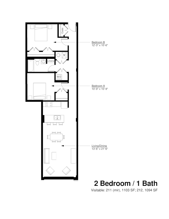 A floor plan of a 2 bedroom apartment with 1 bath.