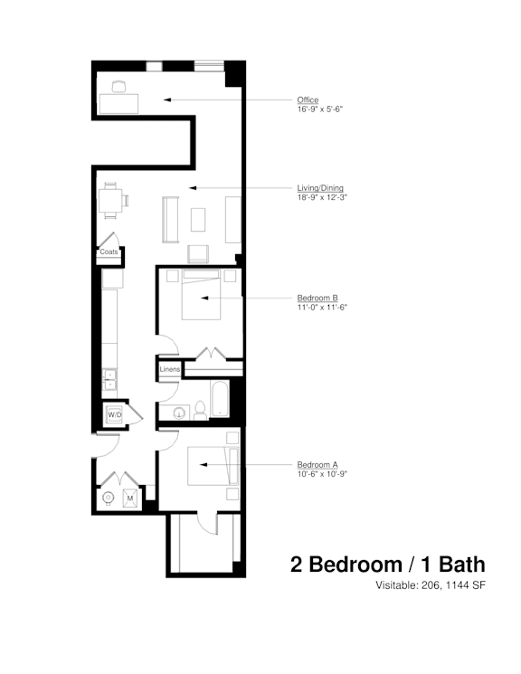 A floor plan of a 2 bedroom apartment with 1 bath.