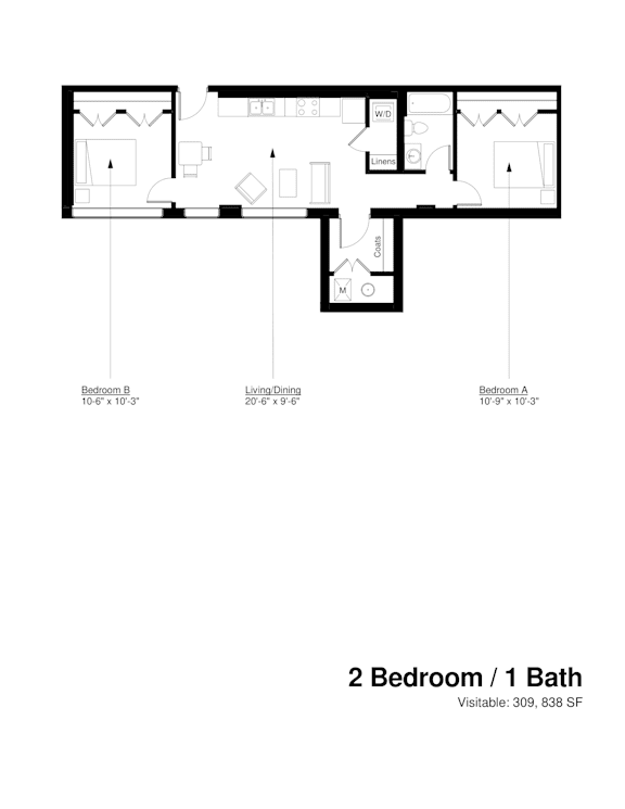 A black and white image of a floor plan for a 2 bedroom / 1 bath apartment.