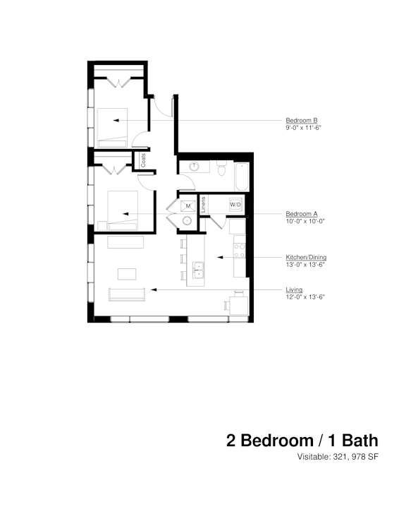 A floor plan of a 2 bedroom apartment with 1 bath.