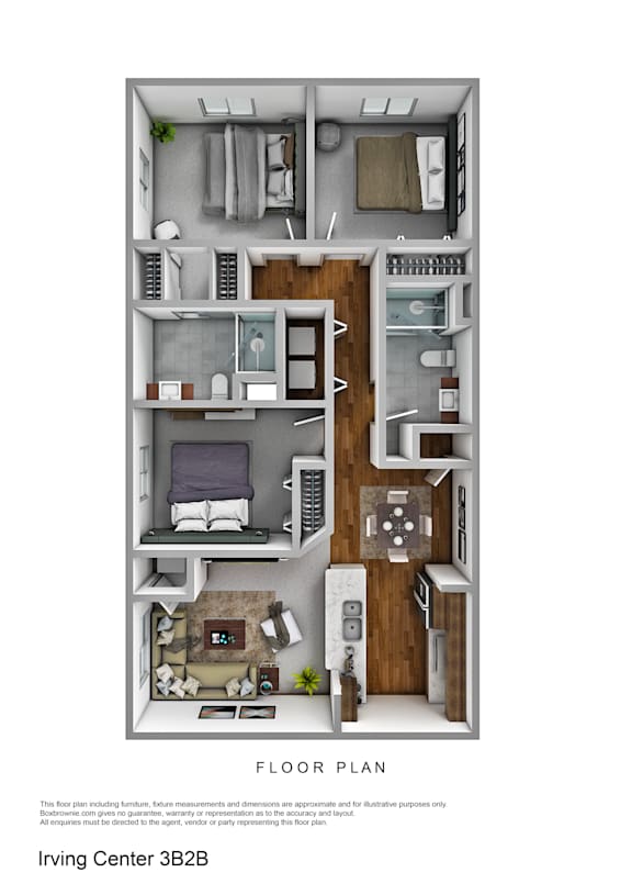 A floor plan of a two-bedroom apartment with a living room, kitchen, and bathroom.