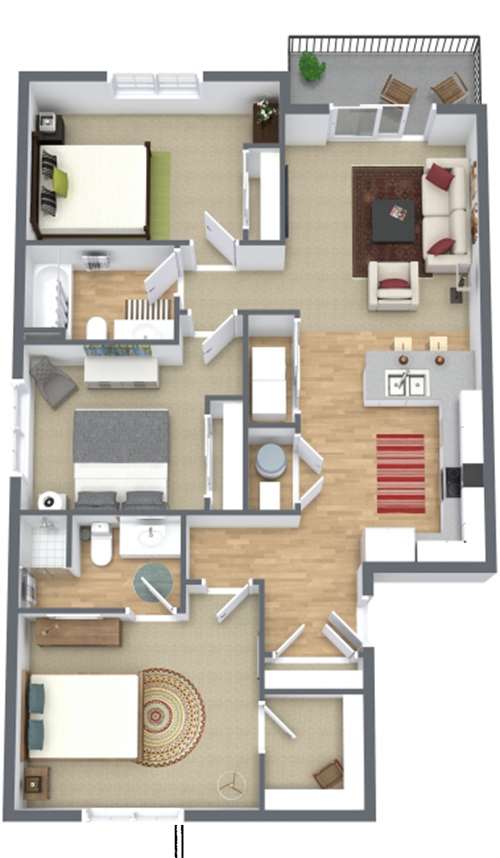 Floor Plan  A 3D floor plan of a house with a kitchen, living room, and two bedrooms.