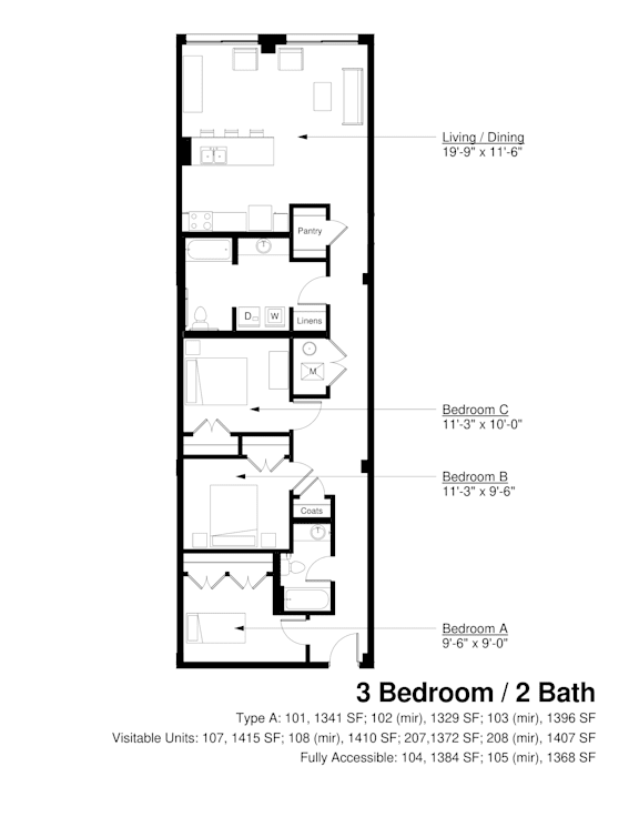 Floor Plan  A floor plan for a 3 Bedroom / 2 Bath apartment.