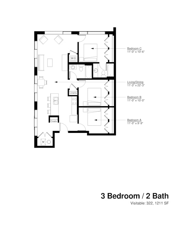 A drawing of a 3 Bedroom / 2 Bath house plan.