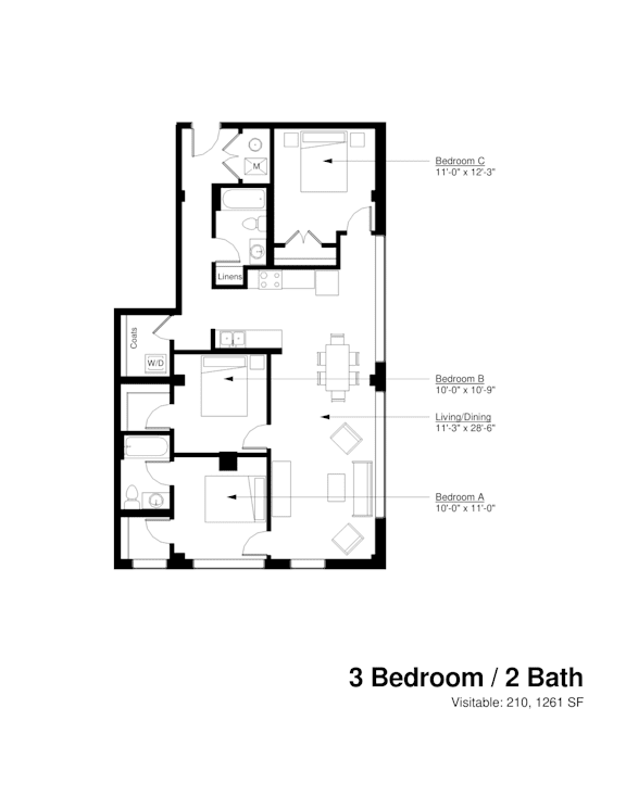 A drawing of a 3 Bedroom / 2 Bath house plan.
