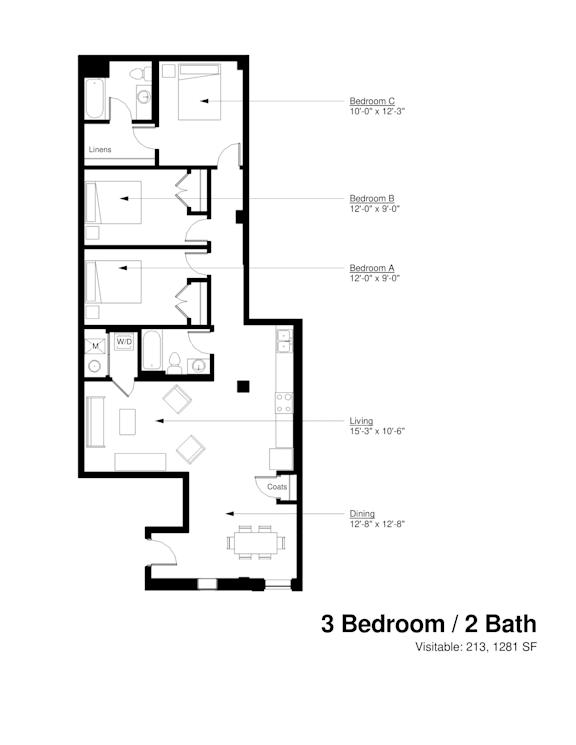 A floor plan of a 3 bedroom apartment with 2 bathrooms.