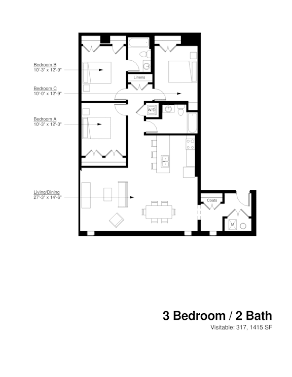 A black and white image of a floor plan for a 3 bedroom / 2 bath home.