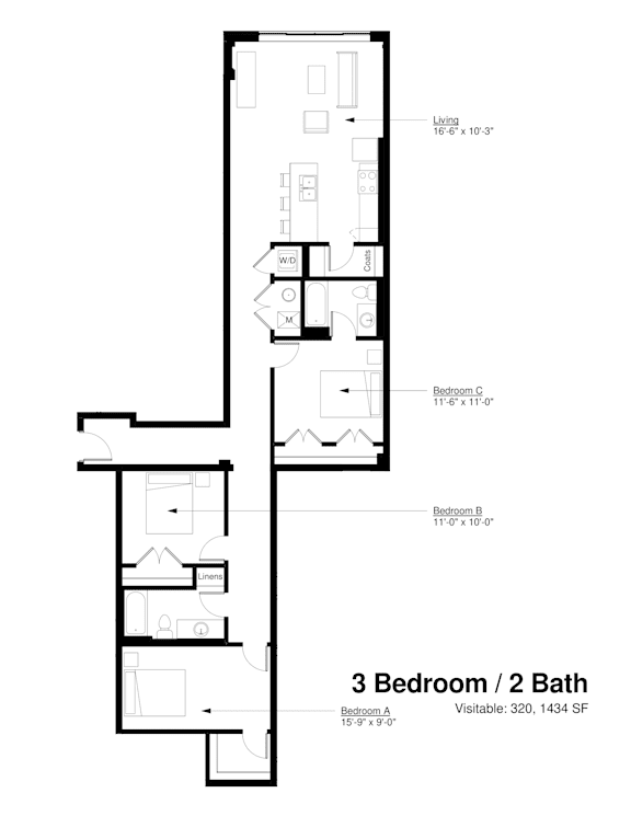 A drawing of a 3 bedroom / 2 bath house plan.