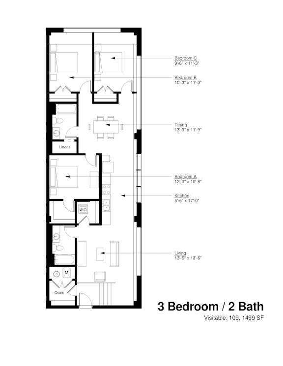 A floor plan of a 3 bedroom / 2 bath apartment.