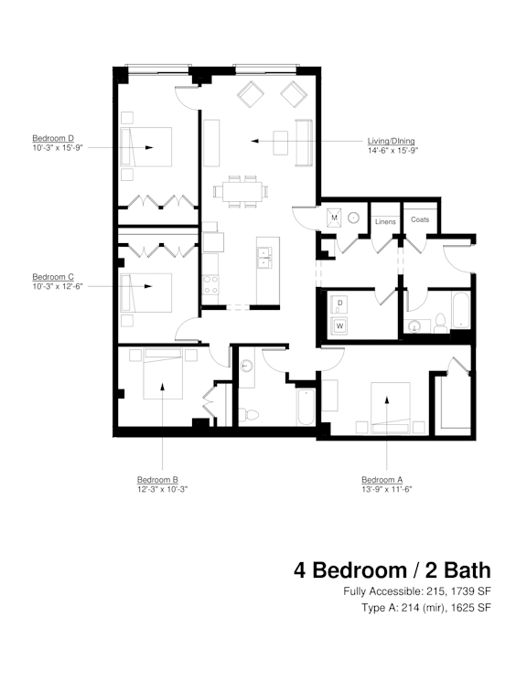 A black and white image of a floor plan for a 4 bedroom / 2 bathroom house.