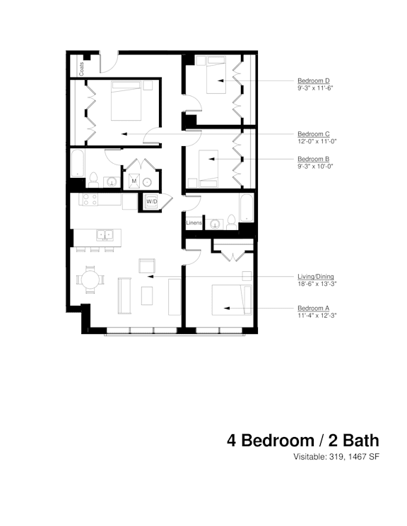 A floor plan of a 4 bedroom / 2 bath apartment.
