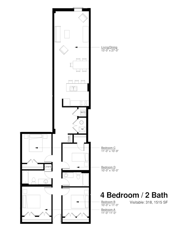 A floor plan of a 4 bedroom / 2 bath apartment.