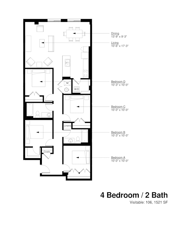 A floor plan of an apartment with 4 bedrooms and 2 bathrooms.
