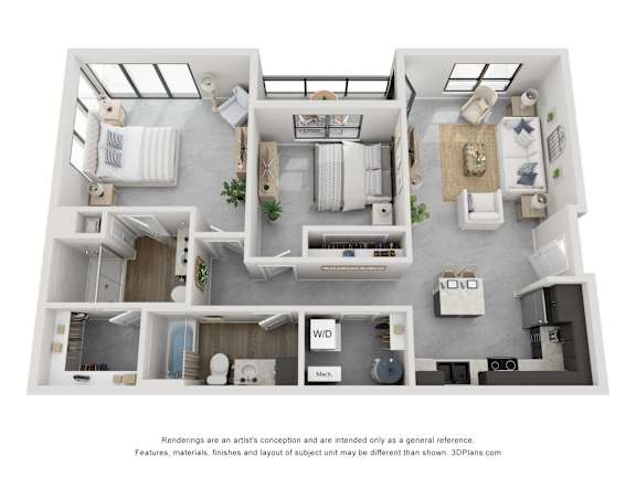 Floor Plan  A 3D floor plan of a house with a living room, kitchen, and bathroom.