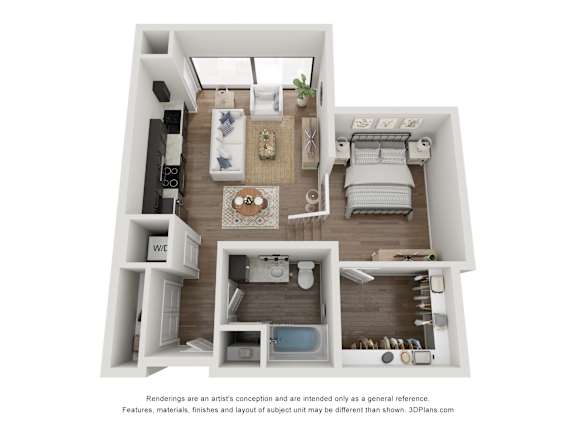 Floor Plan  A 3D floor plan of a small apartment with a kitchen, living room, and bedrooms.