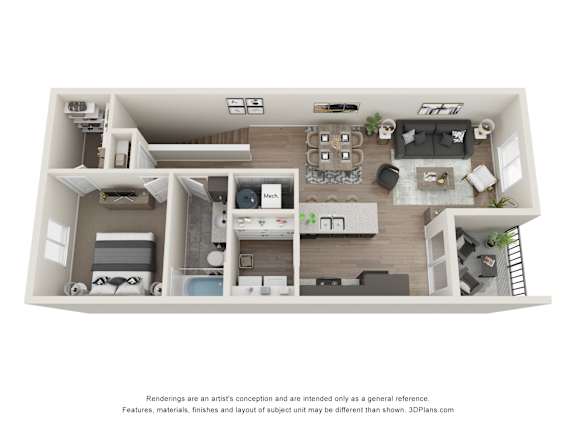 A 3D floor plan of a house with a kitchen, living room, and two bedrooms.