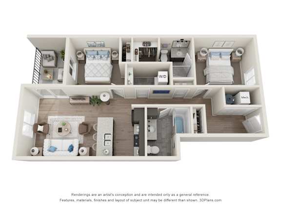 A 3D floor plan of a small apartment with a kitchen, living room, and bedrooms.