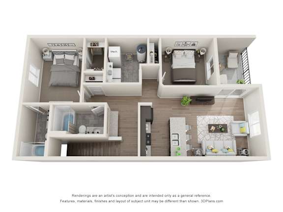 A 3D floor plan of a small apartment with a kitchen, living room, and bedrooms.