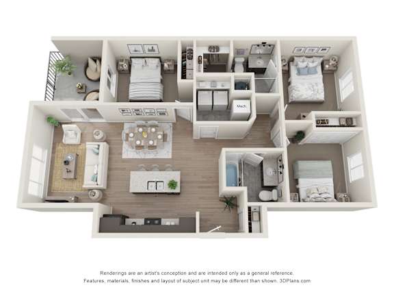 A 3D floor plan of a house with labeled rooms.