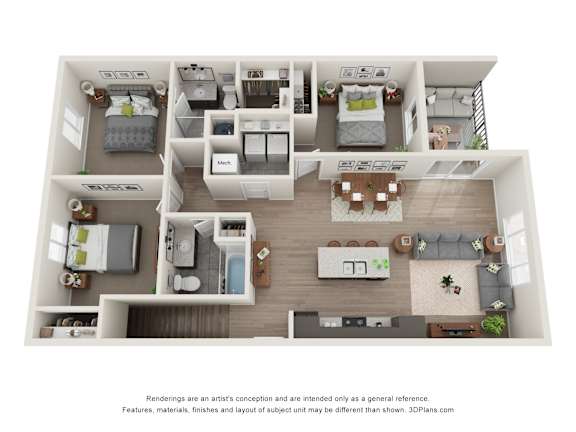 A 3D floor plan of a house with multiple bedrooms and a living area.