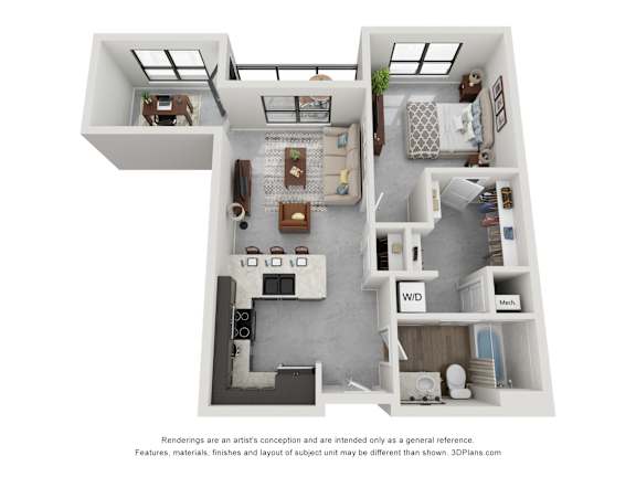 Floor Plan  A 3D floor plan of a house with labeled rooms.