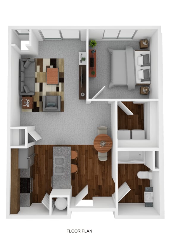 a stylized 3d floor plan of a 2100 sq ft apartment