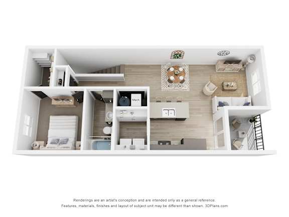 A 3D floor plan of a small apartment with a kitchen, living room, and bedrooms.