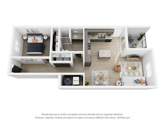 A 3D floor plan of a small apartment with a kitchen, living room, and bedroom.
