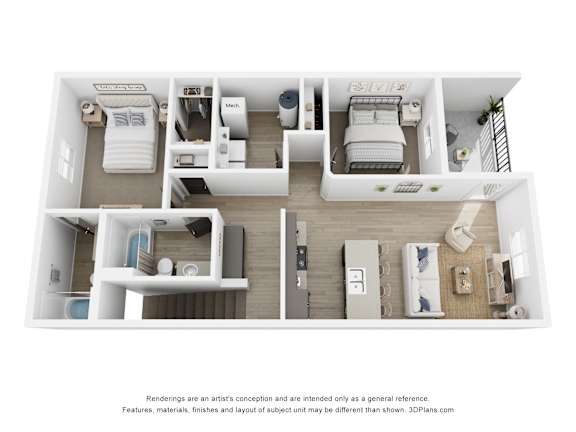 A 3D floor plan of a house with two bedrooms, a living room, a kitchen, and a bathroom.