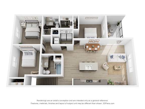 A 3D floor plan of a house with a kitchen, living room, and two bedrooms.