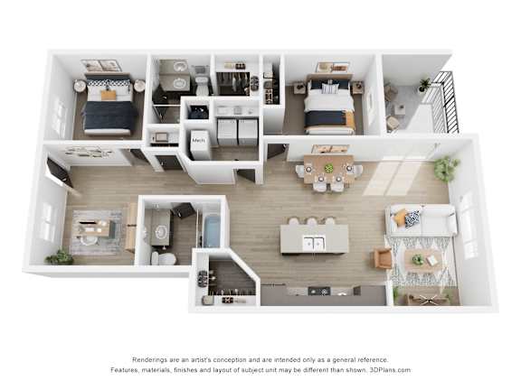 A 3D floor plan of a house with a kitchen, living room, and bedrooms.