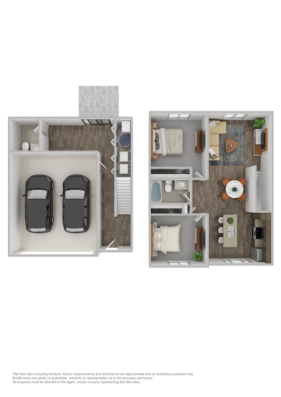 A floor plan of a small apartment with two bedrooms and a living area.