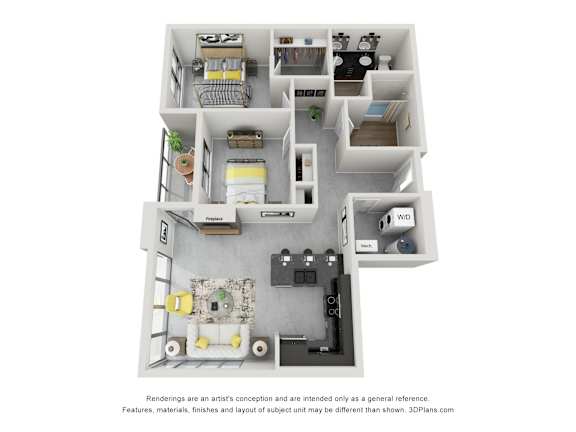 Floor Plan  A 3D floor plan of a house with a kitchen, living room, and two bedrooms.
