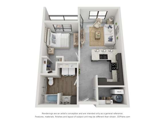 Floor Plan  A 3D floor plan of a small apartment with two bedrooms, a living room, and a kitchen.