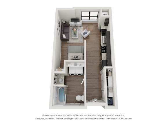 Floor Plan  A 3D floor plan of a small apartment with a kitchen, living room, and bathroom.