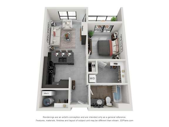 Floor Plan  A 3D floor plan of a small apartment with a kitchen, living room, and bedroom.