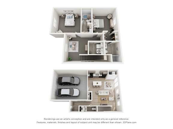A floor plan of a two-story apartment with a garage.