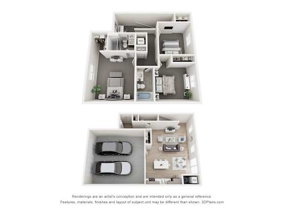 A 3D floor plan of a house with two bedrooms, a living room, a kitchen, and a garage.