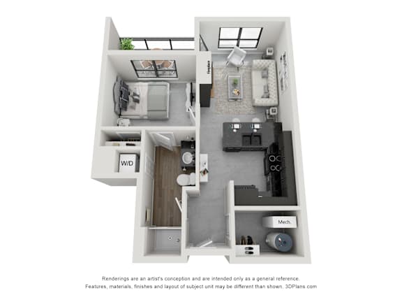 Floor Plan  A 3D floor plan of a small apartment with a kitchen, living room, and bathroom.