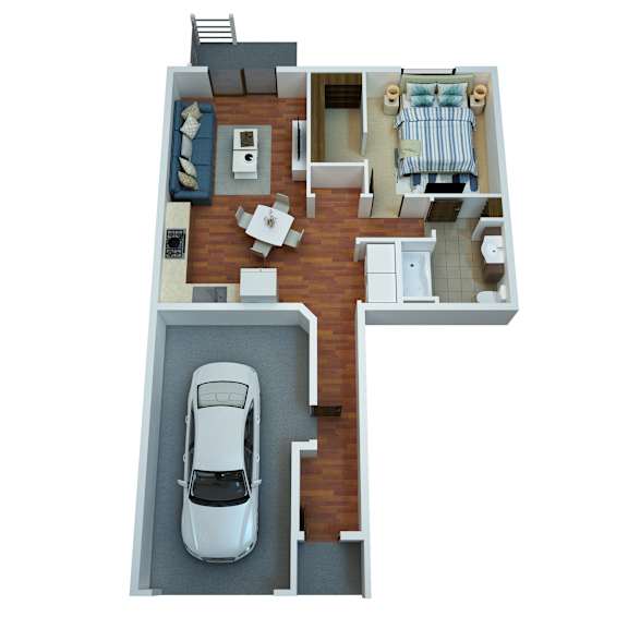 A white car is parked in a garage in a house.