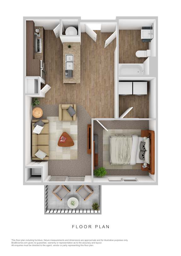 A floor plan of a small apartment with a living room, kitchen, and bathroom.
