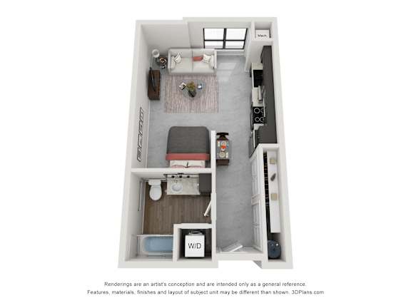 A 3D floor plan of a small apartment with a kitchen, living room, and bathroom.
