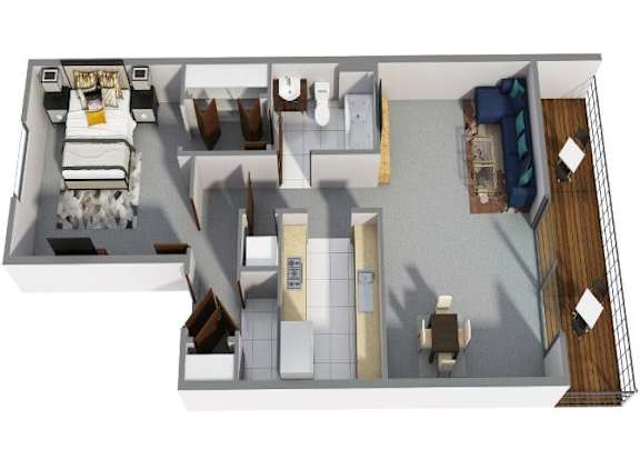 A 3D floor plan of a house with a kitchen, living room, and bedrooms.